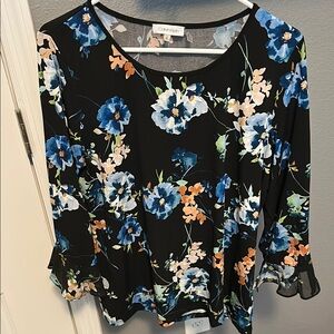Calvin Klein Black Floral Blouse with Blue and Orange Accents